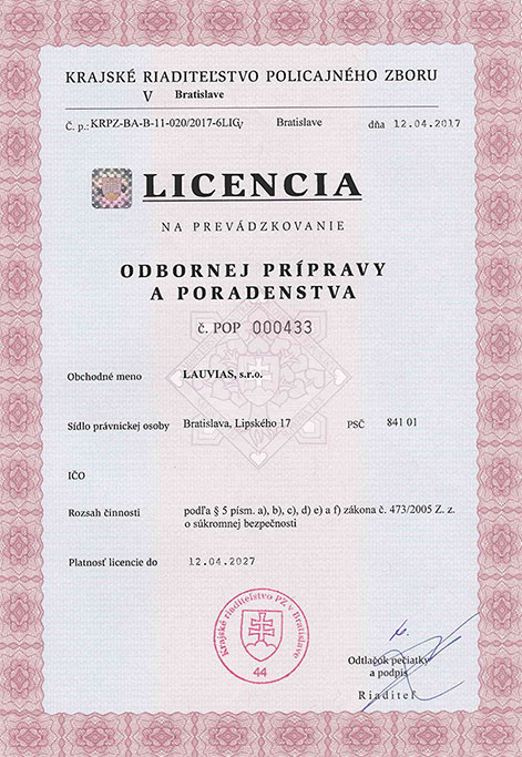 Licencia ODBORNEJ PRÍPRAVY A PORADENSTVA